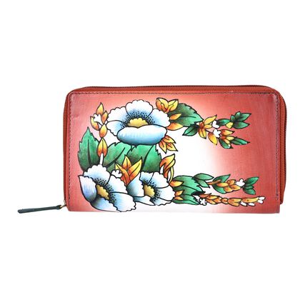 Sukriti - handbemalte Brieftasche aus echtem Leder mit RFID Schutz, Blumenmuster blau