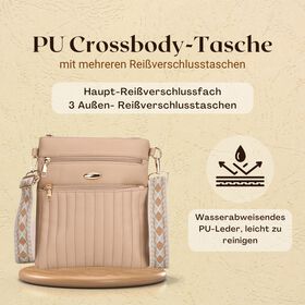 Crossbody-Tasche mit mehreren Reißverschlussfächern, gemustertem Schulterriemen, 23x26 cm, Beige