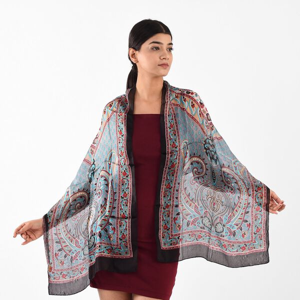 Bedruckter Satin-Seidenschal, Paisleymuster, Schwarz image number 2