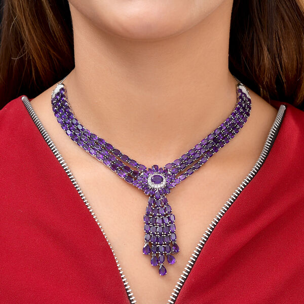 EXKLUSIVES ANGEBOT - afrikanische Amethyst Halskette, ca. 45 cm, 925 Silber platiniert, ca. 58,04 ct image number 2