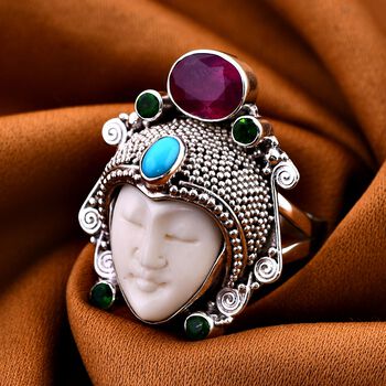 Sajen Silver- Ochse Knochen, afrikanischer Rubin, Sleeping Beauty T&uuml;rkis und Chromdiopsid-Ring- 3,82 ct.