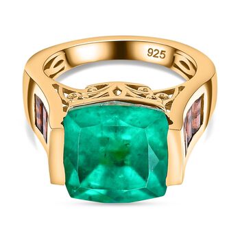 Smaragd-Quarz Triplette, Roter Granat Ring 925 Silber 750 Gelbgold Vermeil (Gr&ouml;&szlig;e 17.00) ca. 10,81 ct