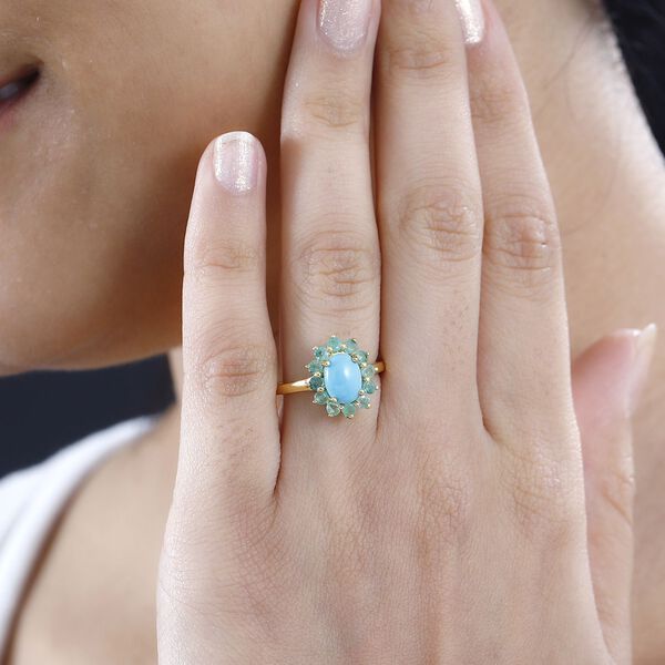 AA Amerikanischer nat&uuml;rlicher Sleeping Beauty T&uuml;rkis, Kagem Sambischer Smaragd Ring 925 Silber 750 Gelbgold Vermeil (Gr&ouml;&szlig;e 18.00) ca. 1.61 ct image number 3