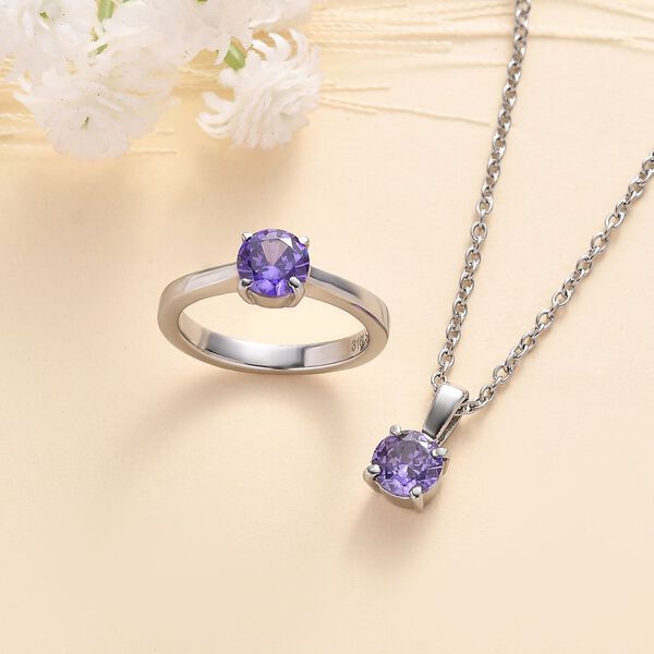 2er Set - Tansanit Zirkonia Anhänger mit Kette und Ring (Größe 18.00), Edelstahl image number 2