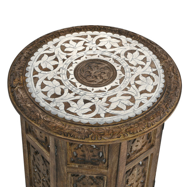 NAKKASHI - Handgefertigter Couchtisch aus Mangoholz mit Metallpr&auml;gung, Burn-Finish und kunstvoller Schnitzerei, ca. 45x45x45cm, Natur image number 5