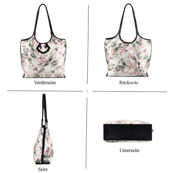 LA MAREY Brokat Handtasche aus Seide und Echtleder, 34x35x11,5cm, Wei&szlig; mit lila Blumen image number 4