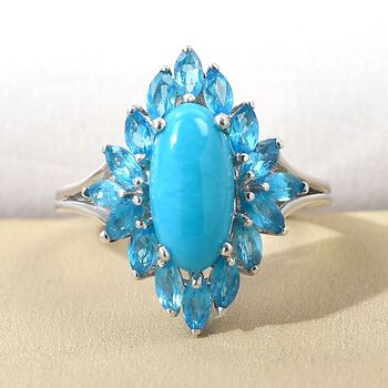 Nat&uuml;rlicher Sleeping Beauty T&uuml;rkis und Neon Apatit-Ring, 925 Silber platiniert  ca. 3,50 ct