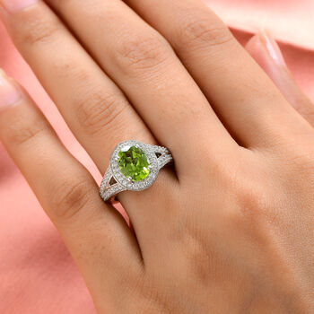 Nat&uuml;rlicher Peridot und Zirkon Ring 925 Silber platiniert  ca. 3,01 ct