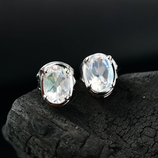 D joy AAA Premium Malagasy Regenbogen Mondstein Star Glimmer Ohrringe 925 Silber platiniert ca. 0.90 ct image number 2