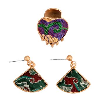 LA MAREY 2er-Set Brokat Seiden-Haarspangen und Ohrringe, Blau