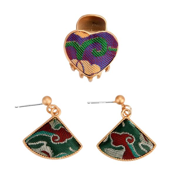 LA MAREY 2er-Set Brokat Seiden-Haarspangen und Ohrringe, Blau