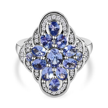 Tansanit und wei&szlig;er Zirkon-Ring, 925 Silber platiniert (Gr&ouml;&szlig;e 16.00) ca. 2.30 ct