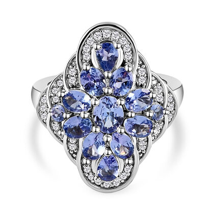 Tansanit und wei&szlig;er Zirkon-Ring, 925 Silber platiniert (Gr&ouml;&szlig;e 16.00) ca. 2.30 ct