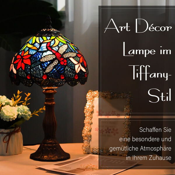 Art-Decor Lampe im Tiffany-Stil mit Buntglas und Aluminium, Handarbeit, E14 Fassung - 25W, 36 cm, blaue Libelle image number 5