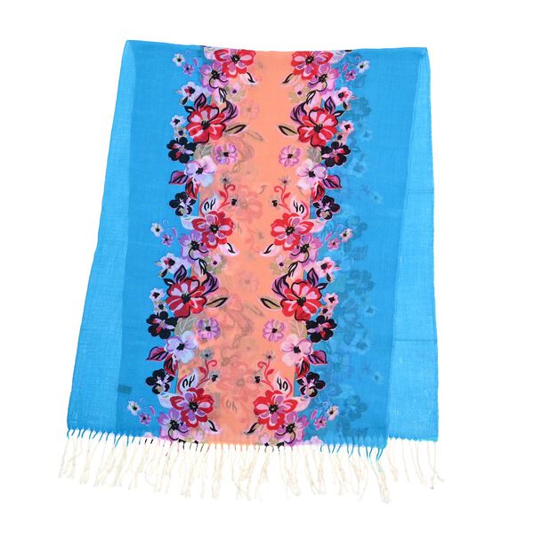 LA MAREY 100% Merino Wollschal mit Quasten, Blumenmuster, Größe  67x176+9 cm, Blau image number 5