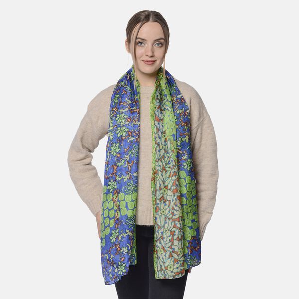 LA MAREY 100 % nat&uuml;rlicher Maulbeerseiden Schal, Weinrebe Muster, Gr&ouml;&szlig;e: 180x110 cm, Gr&uuml;n und Blau image number 1