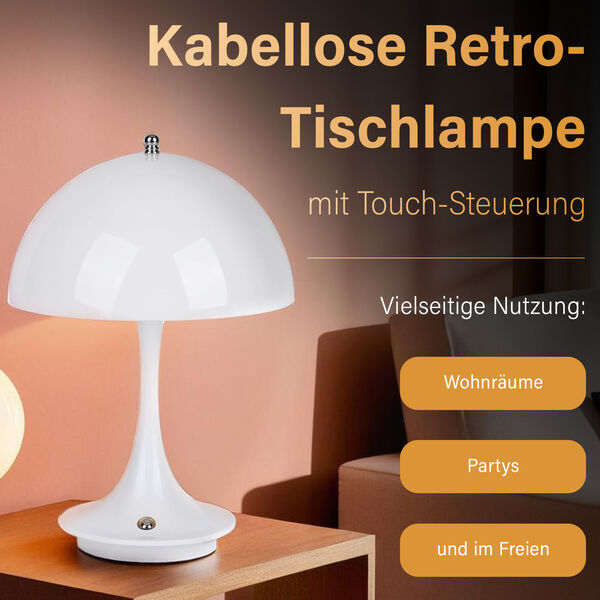 Kabellose Retro Pilz- Designerlampe  mit 3 Lichteinstellungen, wei&szlig; image number 1