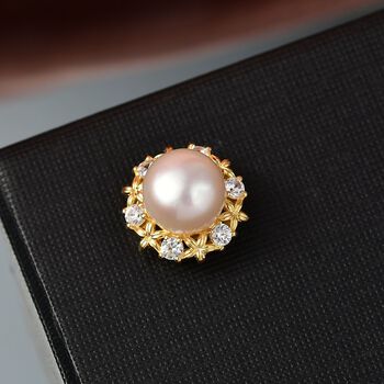 S&uuml;&szlig;wasser Perle (9.5 mm), Wei&szlig;er Zirkon Anh&auml;nger, Messing