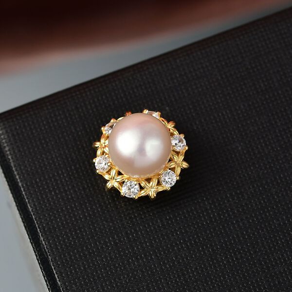 S&uuml;&szlig;wasser Perle (9.5 mm), Wei&szlig;er Zirkon Anh&auml;nger, Messing image number 2