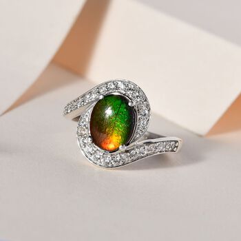 Kanadischer Ammolit, wei&szlig;er Zirkon Ring, 925 Silber platiniert (Gr&ouml;&szlig;e 20.00) ca. 2.19 ct