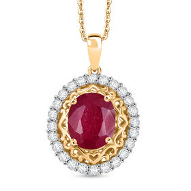 D joy Afrikanischer Rubin (Fissure gefüllt), Weißer Zirkon Anhänger mit Kette, 925 Silber 750 Gelbgold Vermeil ca. 4,20 ct.