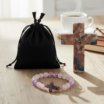 "Livmore  Set of 2 Amythyst Gemstone Cross "" With Bracelet With Cross Charm Size - 3 Inch  Weight - 46 Gm Color- Purple"