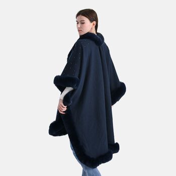 LA MAREY - Poncho mit Kunstfellbesatz und Kristall-Detail, Blau, Einheitsgr&ouml;&szlig;e