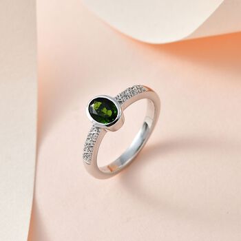 Nat&uuml;rlicher Chromdiopsid, Wei&szlig;er Zirkon Ring, 925 Silber platiniert, (Gr&ouml;&szlig;e 18.00), ca. 0.90 ct