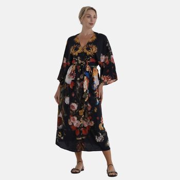 LA MAREY Kimono mit Pfauenprint 100% Viskose Einheitsgr&ouml;&szlig;e 128 cm L&auml;nge, Schwarz
