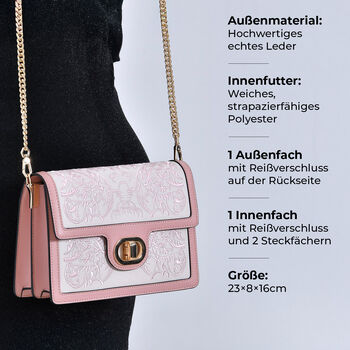 Grand Pelle Umh&auml;ngetasche aus echtem Leder, Stickerei, Klappverschluss, Kettenriemen, 23x8x16 cm, Rosa