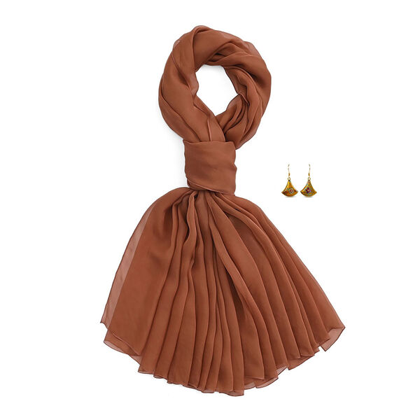 LA MAREY Signature Seidenschal und Seidenohrringe, 100% Maulbeerseide, 110 x 180 cm, Braun