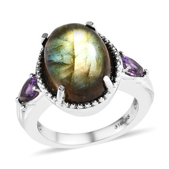 Labradorit und afrikanischer Amethyst-Ring, Edelstahl (Gr&ouml;&szlig;e 16.00) ca. 6,39 ct