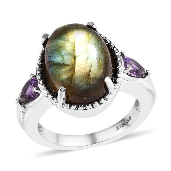 Labradorit und afrikanischer Amethyst-Ring, Edelstahl  ca. 6,39 ct