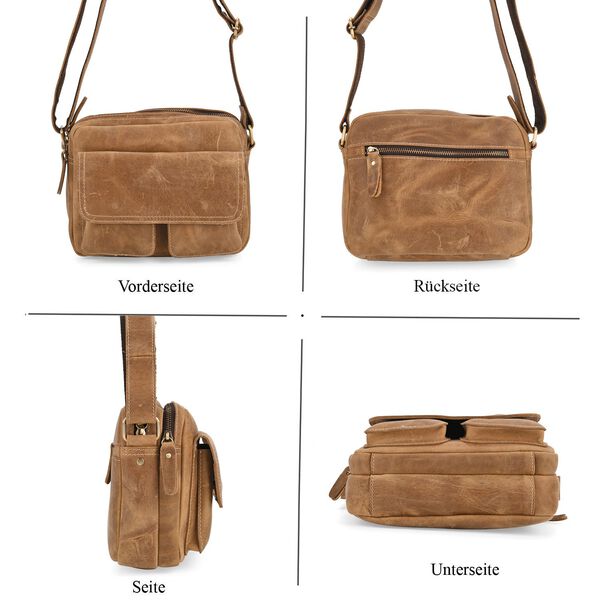 Echtleder-Crossbody-Tasche mit Überschlag und Mehrfachfächern, 25x8x18 cm, Khaki image number 4