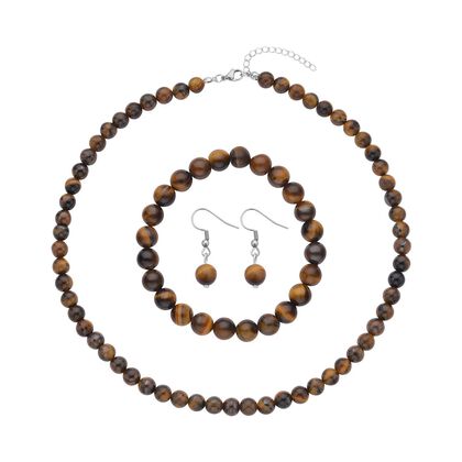 3er Set - Gelbe Tigerauge Halskette, Armband und Ohrringe, 316L Edelstahl ca. 323.50 ct