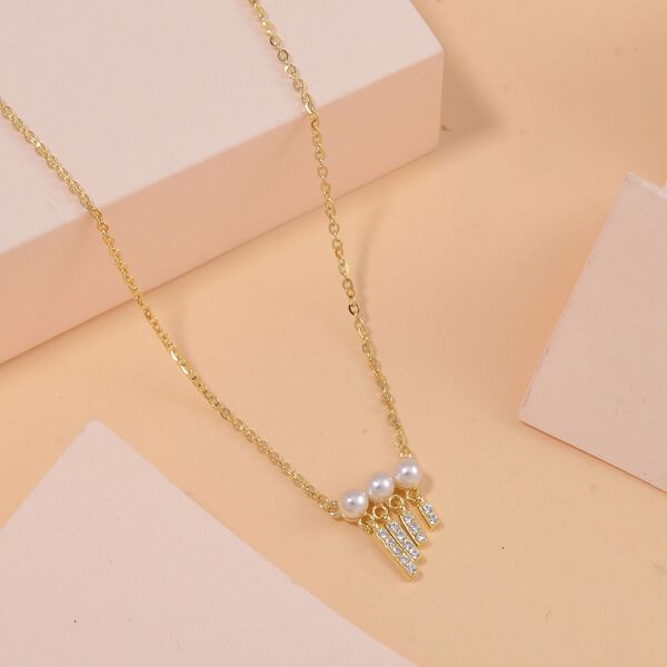 Wei&szlig;e Muschelkernperle und Zirkonia-Halskette 45cm - 0,11 ct. image number 2