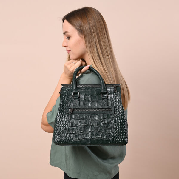 Schultertasche aus 100% echtem Leder mit Kroko-Prägung und abnehmbarem Riemen, Dunkelgrün  image number 3