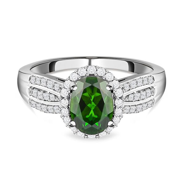 Nat&uuml;rlicher Chromdiopsid und wei&szlig;er Zirkon-Ring, 925 Silber platiniert (Gr&ouml;&szlig;e 18.00) ca. 1.75 ct