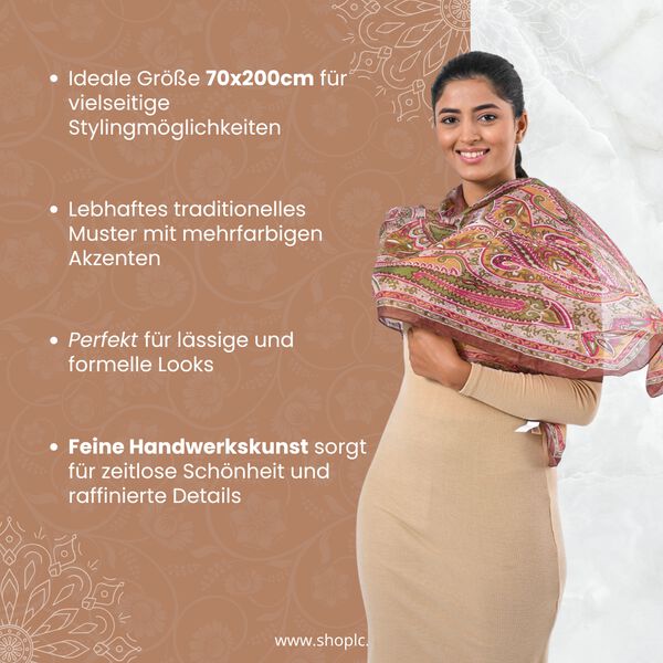 Bedruckter Schal aus 100% Seide, Mehrfarbiges Muster mit brauner Bordüre, 70x200 cm image number 2