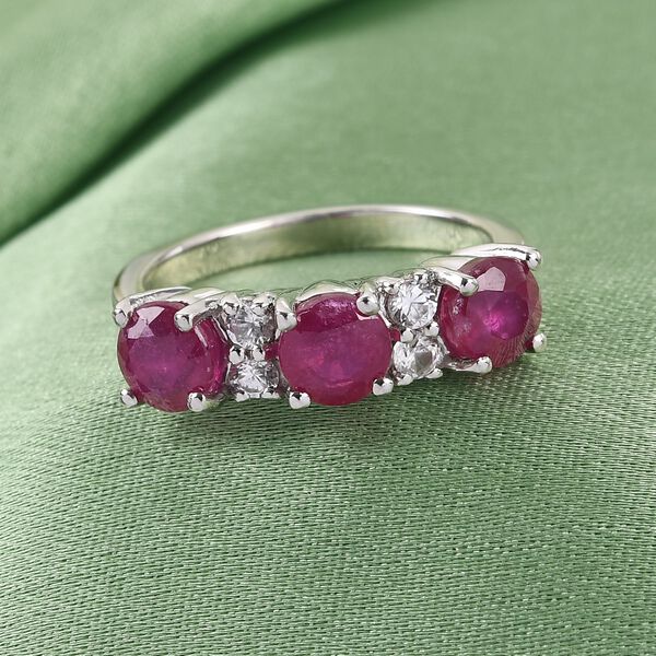 Afrikanischer Rubin und Zirkon 3 Stein Ring 925 Silber Platin-&Uuml;berzug image number 2