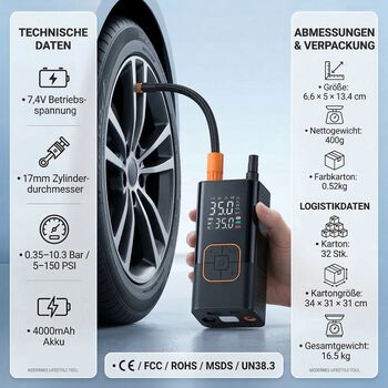 "Air pump Working voltage:  7.4V Cylinder diameter :17mm Pressure range: 0.35-10.3Bar/5-150PSI Battery capacity:4000 mAh  Product size 66*50*134mm Net weight: 0.4kg Package size: 80*70*145mm Color box weight: 0.52kg Quantity: 32pcs Carton size: 340*310*31
