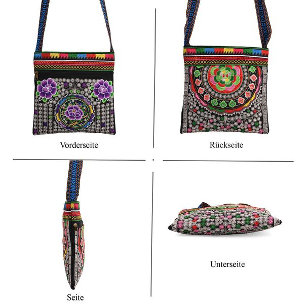 Crossbody-Tasche mit floraler Stickerei, ethnischem Boho-Muster, 23×24 cm, Schwarz mit grünen Motiven image number 4