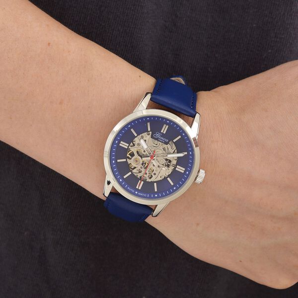 GENOA TIME V2 Automatikuhr mit mechanischem Automatikwerk, Zifferblatt Blau mit Sonnenschliff und offenem Design, Lederarmband Blau, 3 ATM wasserdicht image number 2