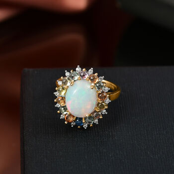 D'Joy AA Nat&uuml;rlicher, &auml;thiopischer Welo Opal, Mehrfarbiger Saphir Ring 925 Silber 750 Gelbgold vermeil (Gr&ouml;&szlig;e 17.00) ca. 4.68 ct