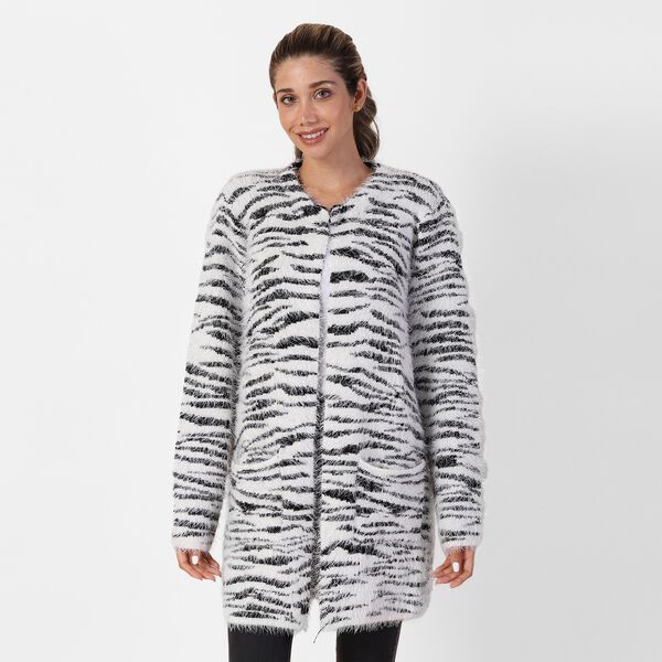 Langer Cardigan mit Taschen und Knopf, gestrickt, Einheitsgr&ouml;&szlig;e Zebra Muster