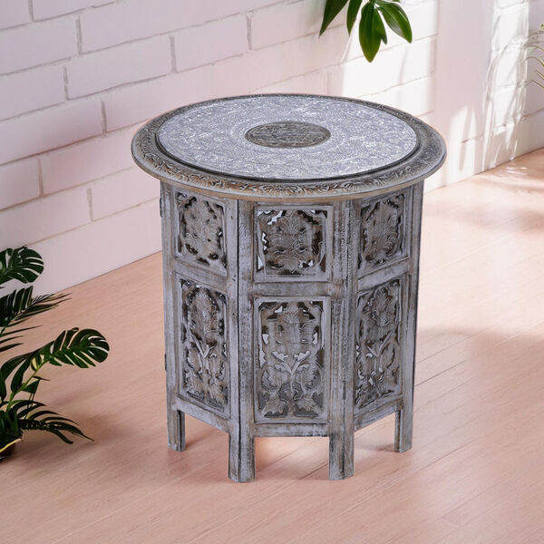 NAKKASHI - handgeschnitzter klappbarer Tisch aus Mangoholz mit handgepr&auml;gter Aluminiumplatte, 53x53x53 cm, wei&szlig; image number 2