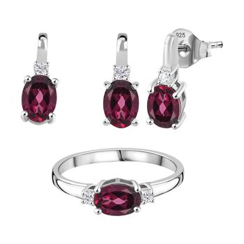 Rhodolith Granat Schmuckset 925 Silber rhodiniert,&nbsp;(Gr&ouml;&szlig;e 20.00), ca. 3.93 ct