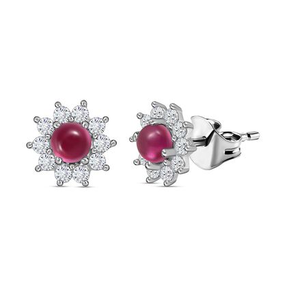 Afrikanischer Rubin (Fissure gef&uuml;llt), Wei&szlig;er Zirkon Ohrringe 925 Silber ca. 1.51 ct
