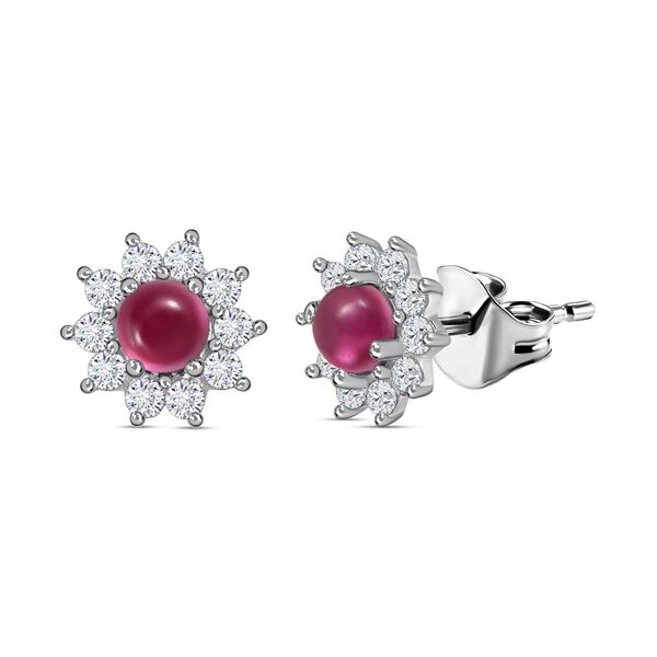 Afrikanischer Rubin (Fissure gef&uuml;llt), Wei&szlig;er Zirkon Ohrringe 925 Silber ca. 1.51 ct