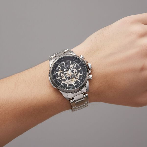 GENOA TIME - Armbanduhr Legierung, Reiner Edelstahl, bicolor, schwarz-goldfarben, Automatik, 3 ATM wasserdicht image number 2